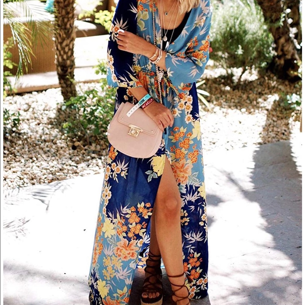 Boho kimono floral swimsuit coverup OS